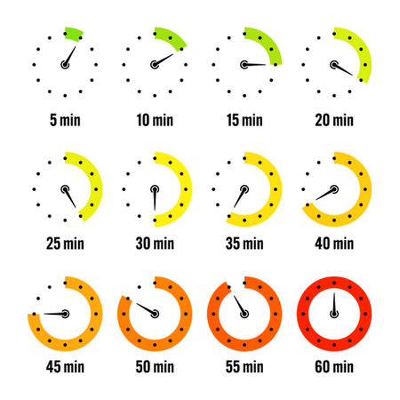 Simple stopwatch icons. Colorful chronometer, time counter with dial. Countdown timer showing hours and minutes. Deadline, measurement for sport. Cooking time label, sticker. Vector illustrationのイラスト素材