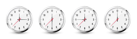 Wall clock, stopwatch icons. Shiny metal chronometer, time counter with dial. Countdown timer...