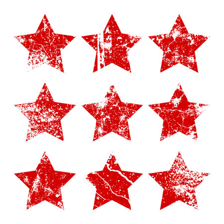 Red vintage stars with cracks and stains. Old hand-drawn sign, black simple shape. Retro design element with distressed effect, grunge texture. Vector illustrationのイラスト素材