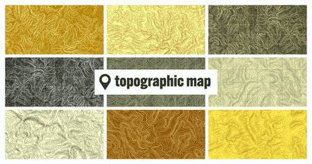 Colorful topographic map with contour lines. Geographic terrain grid, relief height elevation. Ground path pattern. Travel and navigation, cartography design element. Vector illustrationのイラスト素材