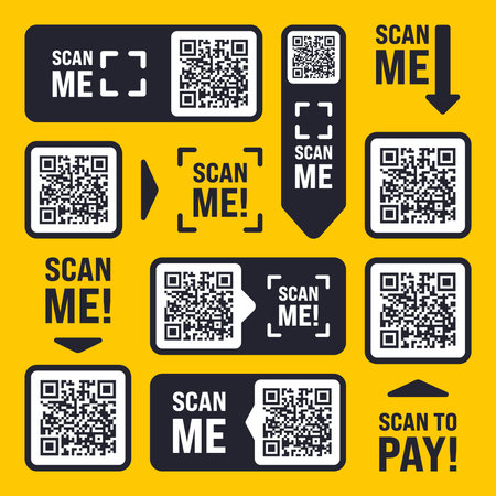 Scan me QR code sticker with text. Online payment. Special offer sale stickers, shopping discount...