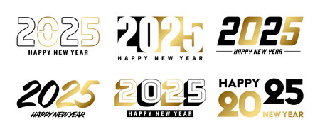 Set of 2025 Happy New Year greeting text designs. Christmas banner, poster, festive greeting card or seasonal promotion template. Collection of 2025 numbers with greetings. Vector illustrationのイラスト素材