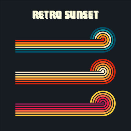 Vintage sunset collection. Various colorful striped sunrise badges in 80s and 90s style. Sun and ocean view, summer vibes, surfing. Design element for print, logo or t-shirt. Vector illustrationのイラスト素材