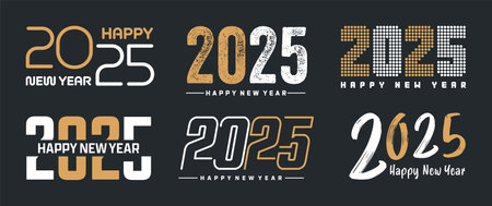 Set of 2025 Happy New Year greeting text designs. Christmas banner, poster, festive greeting card or seasonal promotion template. Collection of 2025 numbers with greetings. Vector illustrationのイラスト素材