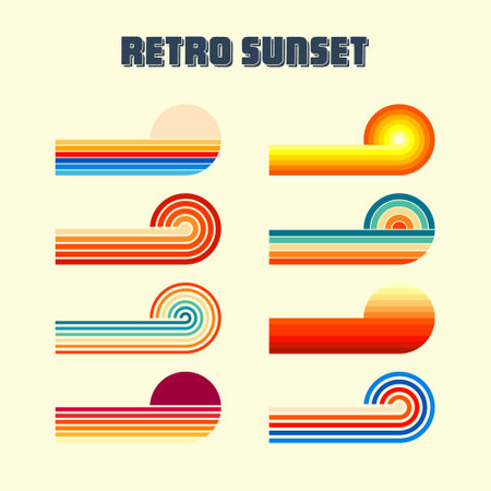 Horizontal vintage sunsets. Various colorful striped sunrise badges in 80s and 90s style. Sun and ocean view, summer vibes, surfing. Design element, print, logo or t-shirt. Vector illustrationのイラスト素材