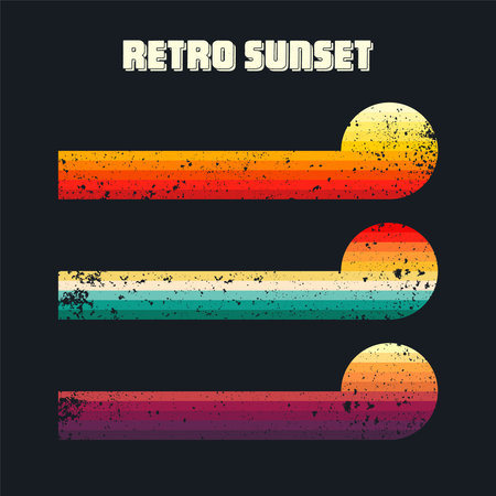 Grunge horizontal vintage sunsets. Various colorful striped sunrise badges in 80s and 90s style. Sun and ocean view, summer vibes, surfing. Design element, print, logo or t-shirt. Vector illustrationのイラスト素材