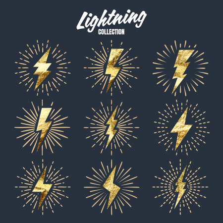 Set of vintage golden lightning bolts and sun rays. Gold foil texture. Lightnings with sunburst effect. Thunderbolt, electric shock sign. Vector illustrationのイラスト素材