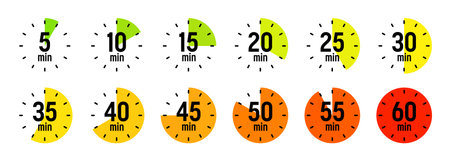 Simple stopwatch icons. Colorful chronometer, time counter with dial. Countdown timer showing hours and minutes. Deadline, measurement for sport. Cooking time label, sticker. Vector illustrationのイラスト素材