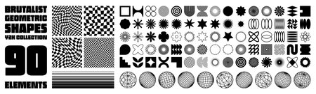 Brutalist geometric shapes, modern symbols. Groovy checkered pattern, distorted tiled grid. Simple elements, forms. Retro design, trendy contemporary minimalist style, y2k. Vector illustrationのイラスト素材