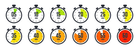 Stopwatch icons. Colorful simple chronometer, time counter with dial. Countdown timer showing hours...