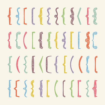 Shaded text brackets, colorful quotation box. Curly, square and corner parentheses. Vintage typographical symbol, calligraphic quote frame. Doodle, lettering element. Vector illustrationのイラスト素材