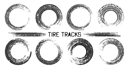Grunge circle tire tracks, wheel braking marks. Truck, car or motorcycle tread pattern silhouettes. Auto race, motorsport, speed racing design element. Vector illustrationのイラスト素材
