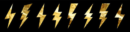 Golden lightning bolt icons collection. Gold foil texture. Flash symbol, thunderbolt. Simple...