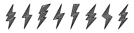 Hatched lightning bolt icons collection. Hand drawn flash symbol, thunderbolt. Simple lightning...