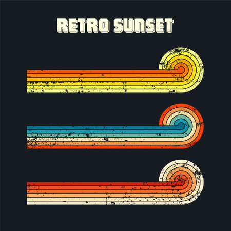 Grunge horizontal vintage sunsets. Various colorful striped sunrise badges in 80s and 90s style. Sun and ocean view, summer vibes, surfing. Design element, print, logo or t-shirt. Vector illustrationのイラスト素材