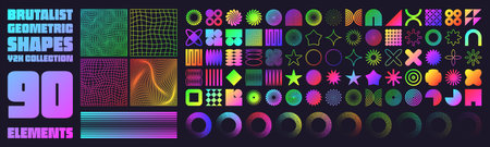 Brutalist geometric shapes, neon modern symbols. Groovy checkered pattern, distorted tiled grid. Simple elements, forms. Retro design, trendy contemporary minimalist style, y2k. Vector illustrationのイラスト素材