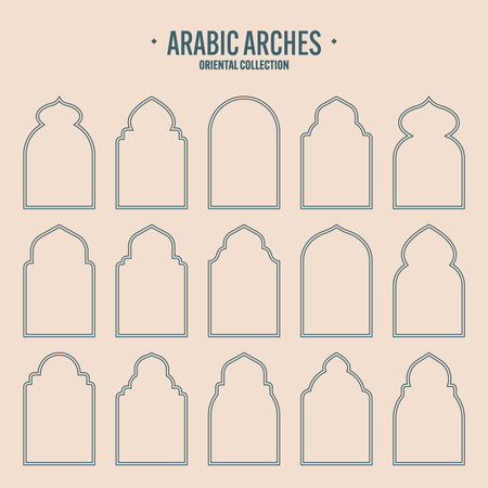 Islamic frames, oriental style objects. Arabic shapes, windows and arches. Traditional ornamental banner, frame. Muslim holidays, Ramadan Kareem. Modern eastern architecture. Vector illustrationのイラスト素材