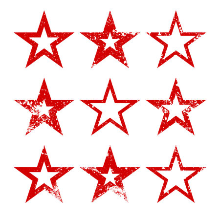 Red vintage stars with cracks and stains. Old hand-drawn sign, black simple shape. Retro design element with distressed effect, grunge texture. Vector illustrationのイラスト素材