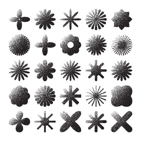 Brutalist geometric shapes, dotted objects. Stipple elements modern symbols. Simple primitive forms. Retro design, trendy contemporary minimalist style, y2k. Dot shading, drawing. Vector illustrationのイラスト素材