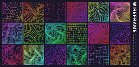 Colorful wireframe shapes, lined perspective mesh, 3d grid. Low poly geometric elements. Retro...