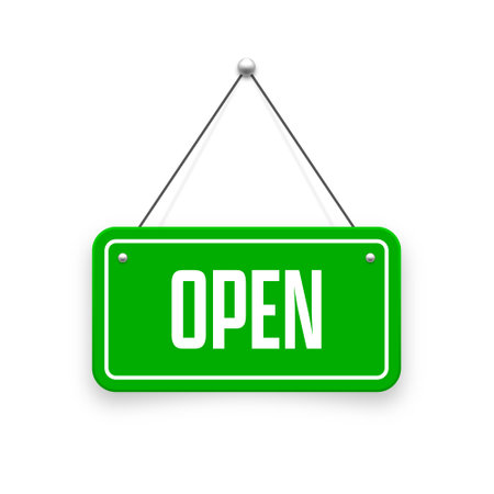 Realistic open hanging signboard. Vintage door sign for cafe, restaurant, bar or retail store. Announcement banner, information signage for business or service. Vector illustrationのイラスト素材
