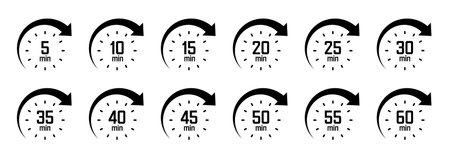 Stopwatch icons with pointer arrow. Chronometer, time counter with dial. Countdown time, hours and...