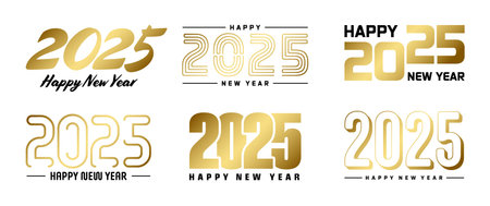 Set of 2025 Happy New Year greeting text designs. Christmas banner, poster, festive greeting card or seasonal promotion template. Collection of 2025 numbers with greetings. Vector illustrationのイラスト素材