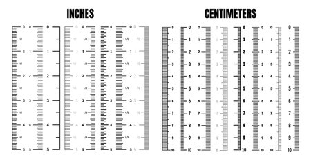Vertical centimeter and inch scale for measuring length or height. Various measurement scales with divisions. Ruler, tape measure marks, size indicators. Vector illustrationのイラスト素材