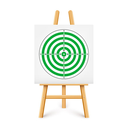 Shooting range target on a wooden easel stand. Paper target with divisions, marks and numbers. Archery, gun shooting and training, sport competition, hunting. Bullseye and aim. Vector illustrationのイラスト素材