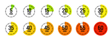 Simple stopwatch icons. Colorful chronometer, time counter with dial. Countdown timer showing hours and minutes. Deadline, measurement for sport. Cooking time label, sticker. Vector illustrationのイラスト素材