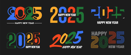 Set of 2025 Happy New Year greeting text designs. Christmas banner, poster, festive greeting card or seasonal promotion template. Collection of 2025 numbers with greetings. Vector illustrationのイラスト素材