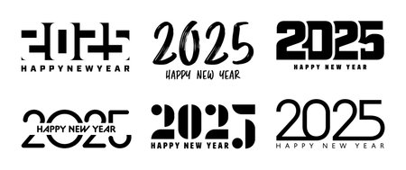 Set of 2025 Happy New Year greeting text designs. Christmas banner, poster, festive greeting card or seasonal promotion template. Collection of 2025 numbers with greetings. Vector illustrationのイラスト素材