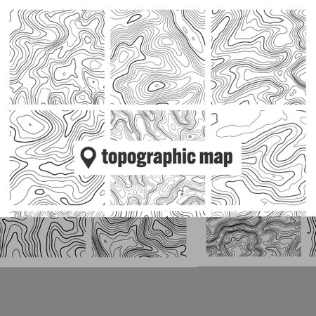 Topographic map with contour lines. Geographic terrain grid, relief height elevation. Ground path pattern. Travel and navigation, cartography design element. Vector illustrationのイラスト素材