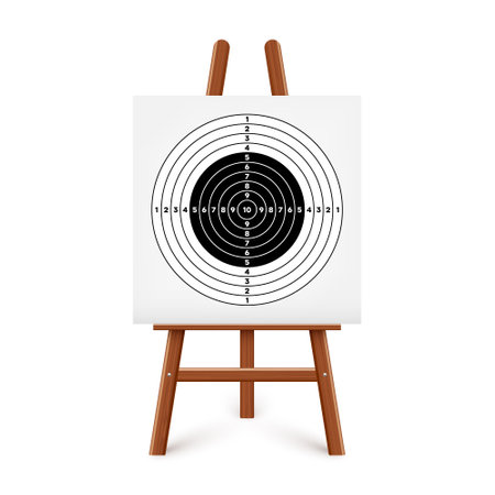 Shooting range target on a wooden easel stand. Paper target with divisions, marks and numbers. Archery, gun shooting and training, sport competition, hunting. Bullseye and aim. Vector illustrationのイラスト素材