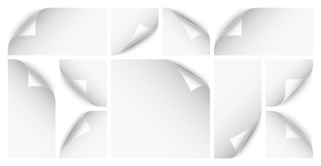 Curled page corner with shadow on transparent background collection. Blank sheet of paper. Vector illustration.のイラスト素材