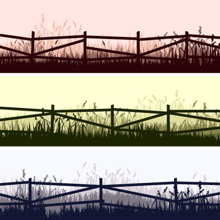 Meadow silhouettes with grass and old wooden fence. Countryside, panoramic summer lawn rural landscape with herbs, weeds. Herbal border, frame element. Brown horizontal banners. Vector illustrationのイラスト素材