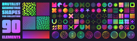 Brutalist geometric shapes, neon modern symbols. Groovy checkered pattern, distorted tiled grid. Simple elements, forms. Retro design, trendy contemporary minimalist style, y2k. Vector illustrationのイラスト素材