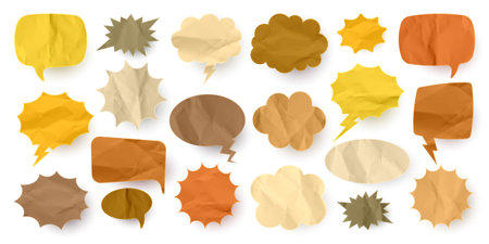 Crumpled brown paper comic speech bubbles. Hand drawn retro cartoon stickers. Pop art style. Old, vintage dialog boxes with cardboard texture. Vector illustrationのイラスト素材