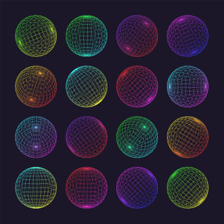Neon wireframe shapes, lined sphere. Perspective mesh, 3d grid. Low poly geometric elements. Retro futuristic design elements, y2k, vaporwave and synthwave style. Vector illustrationのイラスト素材