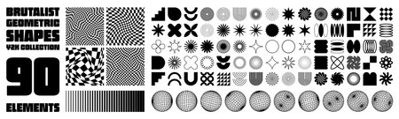 Brutalist geometric shapes, modern symbols. Groovy checkered pattern, distorted tiled grid. Simple elements, forms. Retro design, trendy contemporary minimalist style, y2k. Vector illustrationのイラスト素材