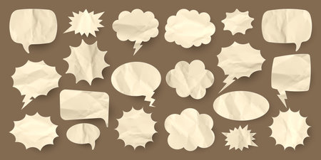 Crumpled brown paper comic speech bubbles. Hand drawn retro cartoon stickers. Pop art style. Old, vintage dialog boxes with cardboard texture. Vector illustrationのイラスト素材