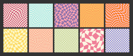 Groovy checkered pattern, colorful distorted tiled grid. Vintage wavy curved backdrop, distortion effect. Funky geometric chessboard texture, retro background in 90s style, y2k. Vector illustrationのイラスト素材