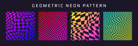 Groovy checkered pattern, colorful distorted tiled grid. Vintage wavy curved backdrop, distortion effect. Funky geometric chessboard texture, retro background in 90s style, y2k. Vector illustrationのイラスト素材
