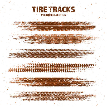 Grunge tire tracks with mud splatters, dirty wheel braking marks. Truck, car, or motorcycle tread pattern silhouettes. Perfect for off-road, motorsport, and racing designs. Vector illustrationのイラスト素材