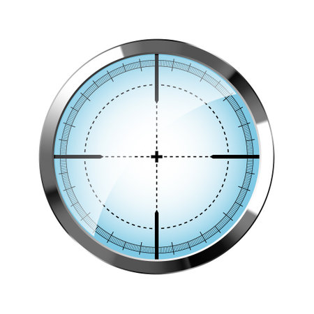 Chrome weapon sight, sniper rifle optical scope. Hunting gun viewfinder with crosshair. Aim, shooting mark symbol. Military target sign, silhouette. Game interface UI element. Vector illustrationのイラスト素材
