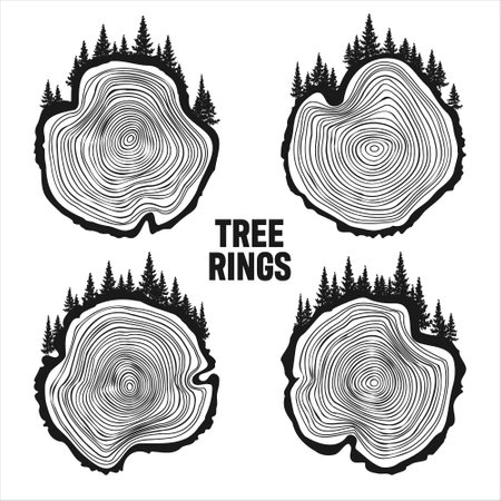 Round tree trunk cuts with trees and forest. Sawn pine or oak slices, lumber. Saw cut timber, wood. Brown wooden texture with tree rings. Hand drawn sketch. Vector illustrationのイラスト素材