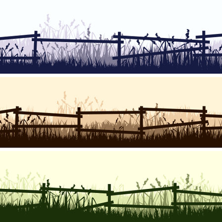 Meadow silhouettes with grass and old wooden fence. Countryside, panoramic summer lawn rural landscape with herbs, weeds. Herbal border, frame element. Brown horizontal banners. Vector illustrationのイラスト素材