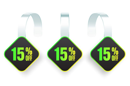 Supermarket promotional wobblers. Realistic white wobbler template for shelf advertising, 15 percent off discount. Sale label with ad text. Special offer price tag. Vector illustrationのイラスト素材