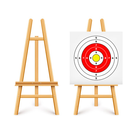 Shooting range target on a wooden easel stand. Paper target with divisions, marks and numbers. Archery, gun shooting and training, sport competition, hunting. Bullseye and aim. Vector illustrationのイラスト素材
