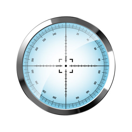 Chrome weapon sight, sniper rifle optical scope. Hunting gun viewfinder with crosshair. Aim, shooting mark symbol. Military target sign, silhouette. Game interface UI element. Vector illustrationのイラスト素材